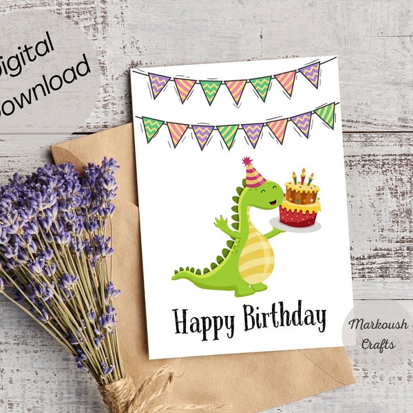 Dinosaur Birthday Card Printable, Dinosaur Postcard, Digital Happy Bday Card for kids, Dinosaur Gifts, Carte de voeux