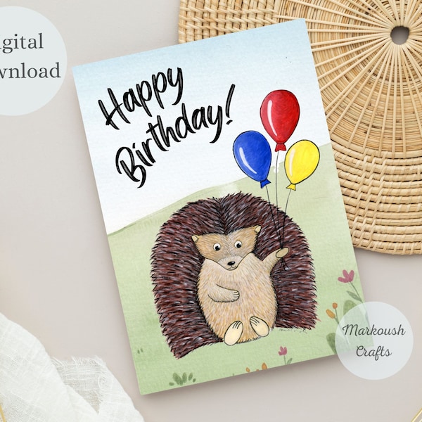 Printable Hedgehog Birthday Card, Digital Happy Birthday Card, Hedgehog Gifts, Joyeux Anniversaire, Carte de voeux, Hedgehog Watercolor