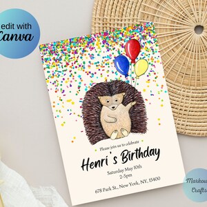 Editable Birthday Invitation Template, Hedgehog Birthday Party Invitation, Anniversaire éditable, printable Hedgehog Invite