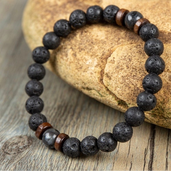 Mens Lava Stone Stretch Bracelet-Healing Grounding Balance Calming Bracelet-Spiritual Protection Meditation Anxiety Stress Relief Bracelet