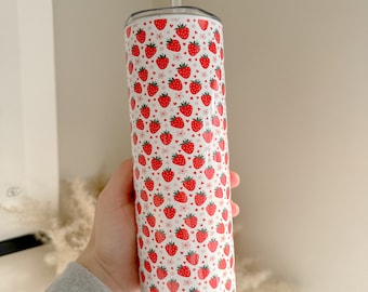 Cute Strawberries 20oz Stainless Steel Tumbler - Spring Floral Drinkware - Reusable Tumbler - BPA Free Lid - Hot and Cold Travel Tumbler