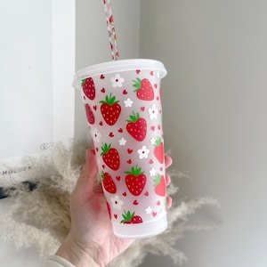 Strawberry Cold Cup - Flowers Cold Cup - Summer Drinks - Fruit Inspired - Iced Coffee Cup - Reusable Cup - Cute Gift Ideas - Garden Party