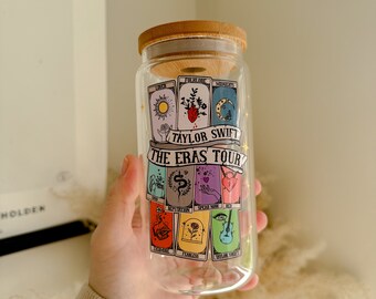 Taylor Swift The Eras Tarot Cards Glass Can - Swift Merch - Bamboo Lid - Swiftie - Iced Coffee Cup - Cute Glass -Reusable Glass Swiftie Gift