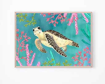 Turtle wall art, Sea life art print, Marine artwork, Ocean painting, Animal poster, Beach home decor, Turtles illustration, Sea animals art