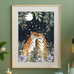 Stampa artistica di tigre, illustrazione di animali, opera d'arte della giungla, animali del safari, decorazioni da parete per la cameretta dei bambini, San Valentino, animali innamorati, amanti delle tigri