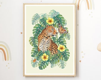 Baby animal safari prints, Leopard with flowers for kids, Jungle baby shower gift, Jungle print nursery, Leopard wall art, Jungle art print