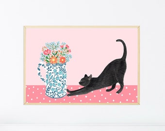 Black Cat Art Print: Kitten with Flowers, Pink Wall Decor