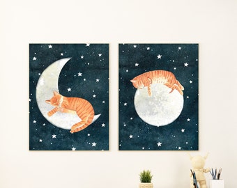Orange Cat Moon Art Print Set: Nursery Wall Decor