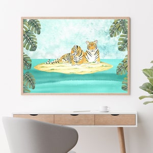 Stampa di tigre tropicale, stampa murale di tigre, illustrazione della giungla, opera d'arte estiva, dipinto di animali, coppia di tigri, arredamento per la casa in spiaggia, poster per bambini