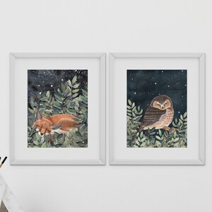 May include: Two framed illustrations of woodland animals against a dark blue background with white stars. The left illustration features a fox sleeping in a bed of green leaves. The right illustration features an owl perched on a branch with green leaves.