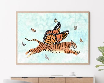 Tiger wall art, Butterfly painting, Fantasy art print, Animal illustration, Nursery prints, Kids room decor, Jungle artwork, Safari animals