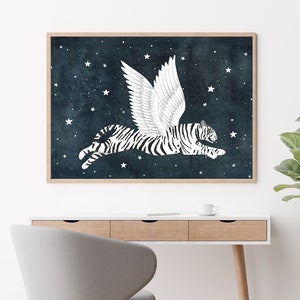 Nachttiger Kunstdruck, Dschungel Wandkunst, Tiger Illustration, Tiere Kunstwerk, Sternenhimmel Gemälde, Safari Tier Poster, Kinderzimmer Dekor