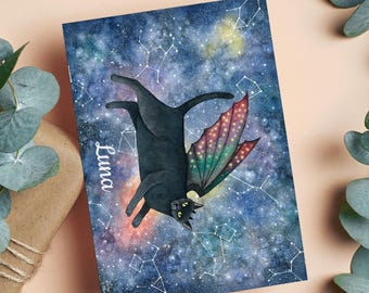 Black Cat Greeting Card, Dragon Art Print,  Custom Name, Personalized Gifts