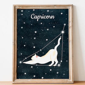 Arte murale dello zodiaco, poster di astrologia, stampa del Capricorno, stampa d'arte dell'oroscopo, dipinto di gatto, illustrazione di animali, arte artistica del gatto, regalo dello zodiaco