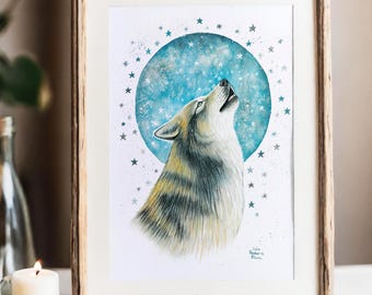 Howling wolf watercolor art print, Full moon wilderness poster, Mystic forest wall decor, Celestial animal painting