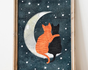 Black cat poster, Orange cat wall art, Animal art prints, Moon artwork, Kitten painting, Arts for pets, Pet memorial gift