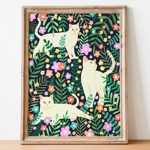 Dipinto di gatto, decorazione murale di gattini, regalo per amanti dei gatti, poster di gatti, opera d'arte di gatti bianchi, illustrazioni floreali, stampe floreali, decorazioni per la casa, arte con animali