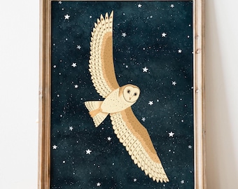 Pintura de lechuza común: Ilustración de búho volando, arte mural de animales del bosque