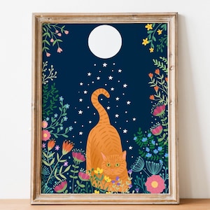 Orange Tabby Cat Art Print: Kitten with Flowers