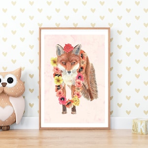 Simpatici animali della foresta, Volpe con fiori per la sala giochi, Decorazione per cameretta con volpe, Arte della foresta magica, Poster di cuccioli di animali, Cameretta floreale per neonati