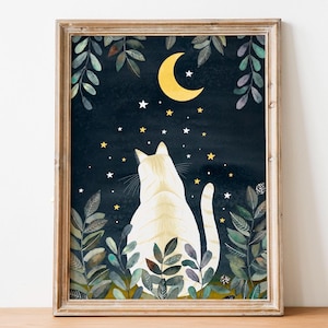 Arte artistica con gatti, Arte murale con gatti, Dipinto con gatto bianco, Memoriale per animali domestici, Opera d'arte mistica, Stampa artistica con animali, Illustrazione di gattini, Stampe celestiali