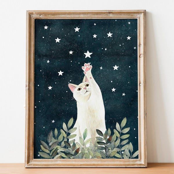 White Cat poster, Custom Name, Celestial Wall Art, Pet Memorial Gift, Kitten Painting
