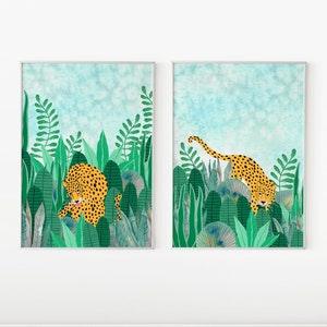 Arte de pared Jungle 2, Impresión artística de leopardo, Obra de arte de la selva tropical, Póster de animales de safari, Pintura tropical, Decoración de habitación infantil, Juego de dos impresiones