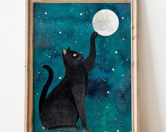 Black cat poster, Celestial wall art, Animal drawing, Kitten painting, Mystic moon, Night sky print, Gift for cat lover, Pet mom, Home decor