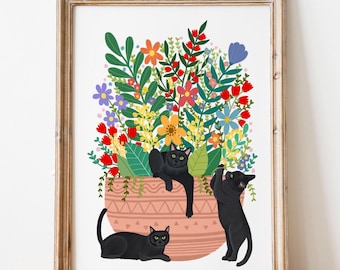 黒猫と花の芸術的なプリント、花のイラスト、壁アート、猫好きへの