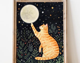 Orange Cat with the Moon Art Print: Kitten Painting, Celestial Nursery