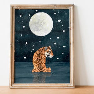 Tijgerkunstdruk: schilderij hemelse jungle, maan kinderkamerdecoratie afbeelding 1