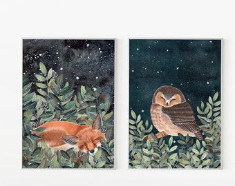 Fox and owl 2 piece wall art, Owl art print, fox illustration, Woodland animal art, Set of two prints, Forest poster, Celestial artwork