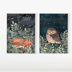Volpe e gufo 2 pezzi d'arte da parete, stampa d'arte del gufo, illustrazione della volpe, arte degli animali del bosco, set di due stampe, poster della foresta, opere d'arte celesti