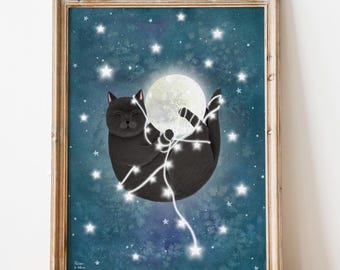 ラブキャッツアートプリント、木のブランコに乗った2匹の猫の