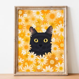 Dipinto di gatto nero, Arte artistica di gatti, Stampa artistica di margherite, Illustrazione di gatto, Arte murale di fiori, Stampe floreali, Regalo per amanti dei gatti, Opera d'arte di gattini