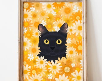 Black Cat Poster: Kitten in Daisies Print, Floral Wall Art