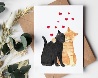 Valentine card pack, Valentine Day Cards, Cats greeting cards, Cat themed gifts, Holiday card set 10, Cat illustration, Black cat painting