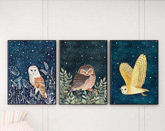 Owls set of 3 prints, Owl 3 piece wall art, Owl artwork, Animal art print, Forest illustration, Night sky poster, three piece painting