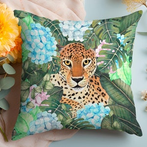 Leopard Art Print Pillow: Tropical Jungle Cushion, Home Decor