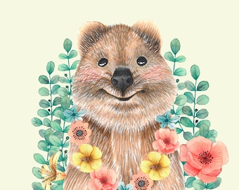 Quokka-bloemenkwekerijprint, grillige dierenmuurkunst