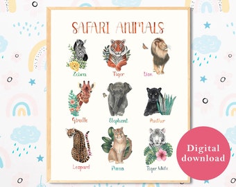Safari animals classroom decor, Jungle animal print digital download, Boho classroom decor poster printable, Educational prints