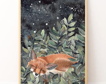 Forest nursery wall art, Fox illustration, Woodland painting, Night sky print, Baby animal artwork, Kids bedroom decor, Playroom prints