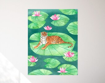 Tiger printable art, Digital jungle print, Animal illustration, Safari animals, Downloadable artwork, Floral wall decor, Tiger painting