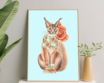 Beautiful lynx illustration for living room decor, Boho decor lynx with rose art print, Boho bedroom artwork, Jungle animals wall art