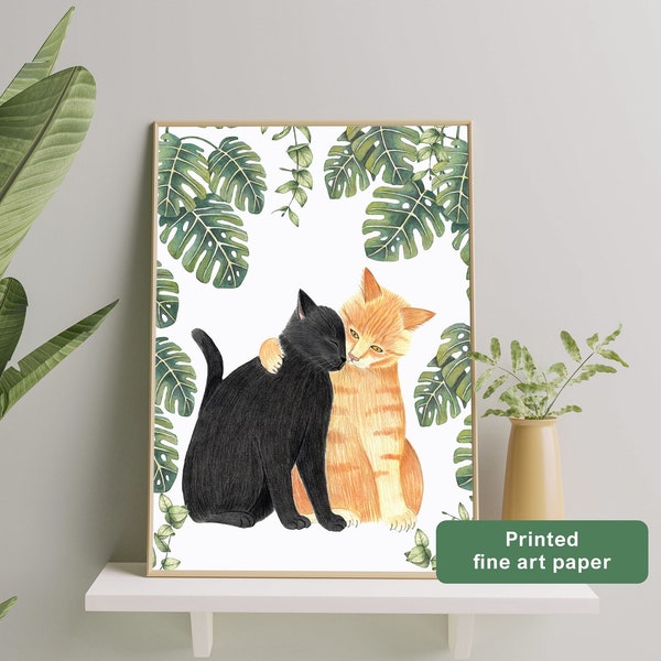 Art mural chat noir et roux, oeuvre d'art chats amoureux, peinture chaton, illustration chat et plante, cadeaux sur le thème du chat, impression d'art chat aimant