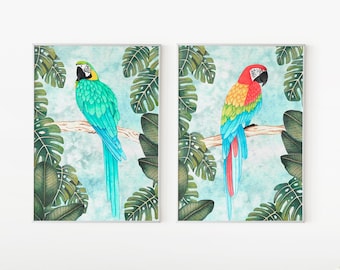 Parrot Art Print Set: Tropical Jungle Birds Illustration