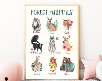 May include: A printable poster with watercolor illustrations of forest animals. The poster features a red fox, hare, owl, skunk, wolf, deer, rabbit, squirrel, and bear. Each animal is labeled with its name.