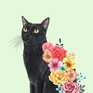 Gatto nero con fiori, illustrazione di un gattino, stampe artistiche floreali per bambine, dipinto di un gatto nero, decorazioni per la cameretta di una ragazza adolescente, opere d'arte con gattini