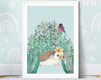 Hedgehog Art Print, Woodland Nursery Decor, Forest Animal Illustration