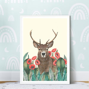 Poster di cervi per la decorazione della cameretta del bambino, illustrazioni di cuccioli, stampa floreale di cervi, cameretta del bambino con tema di caccia, dipinto di cervi per la parete decorativa della cameretta del bambino